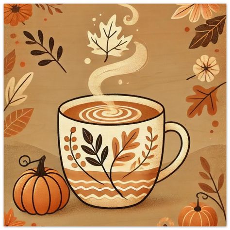 Add a cozy, autumnal touch to your home with this beautiful Wood Print that captures the essence of autumn with a steaming cup of coffee, surrounded by fallen leaves and small pumpkins. Printed on high-quality wood, this design evokes the warmth of the season, creating a relaxing and charming atmosphere, perfect for any space. Characteristics: Warm and cozy design: An illustration of a cup of coffee with steam shaped like leaves, surrounded by autumn elements such as colorful leaves and pumpkins Fall Vibes Cozy Wallpaper, Fall Posters, Autumn Hygge, Autumn Elements, Steaming Cup, Cozy Design, Small Pumpkins, Fallen Leaves, Holiday Wallpaper