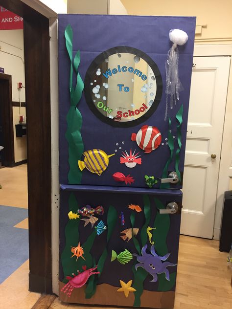 Ocean Themed Elementary School Door Decor Sea Animal Classroom Decor, Aquarium Door Decoration, Mermaid Door Decorations Classroom, Classroom Ocean Theme Decorations, Ocean Window Display Classroom, Undersea Classroom Theme, Ocean Theme For Classroom, Dive Into Reading Door Decoration, Jellyfish Door Decoration