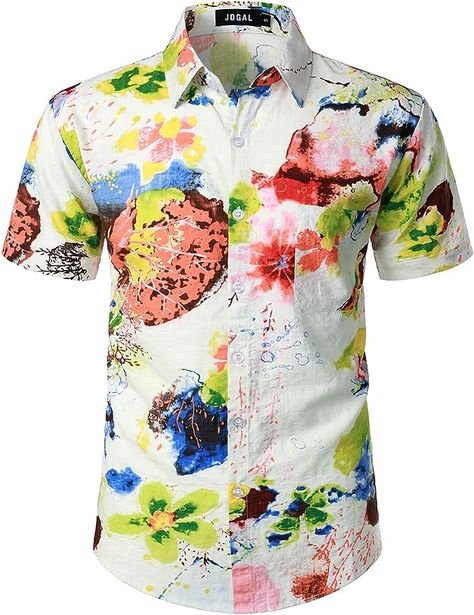 JOGAL Men's Flower Short Sleeve Button Down Hawaiian Shirt 3X-Large Multicolor at Amazon Men’s Clothing store Flower Sleeve, Expensive Clothes, Flower Shorts, Button Down Shirt Mens, Cheap Shirts, Rave Wear, Beach Shirts, Cool Fabric, Casual Shirt