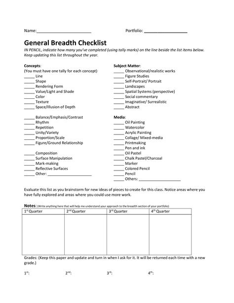 Breadth Checklist - GVHS Art - Stanhagen Art Portfolio Checklist, Art Curriculum Map, Art Curriculum Planning, Ap Photography, Ap Portfolio, Art Rubric, High School Art Lesson Plans, Art Teaching Resources, Ap Drawing