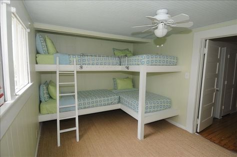 Bunk Room sleeps four children or two adults. Top bunks not suited for adults. Triple Bunk Beds, Beds Ideas, Bunk Beds Built In, Cool Kids Bedrooms, Bunk Rooms, Built In Bunks, Bunk Bed Designs, Space Bedding, Kids Bunk Beds