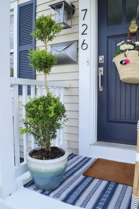 Front Porch Ideas for Summer and Designing the Outdoors Farmhouse Front Porch Decor, Tan House, Shutter Colors, Blue Front Door, Blue Shutters, Farmhouse Front Porches, Casa Exterior, Yellow Houses, Front Door Colors