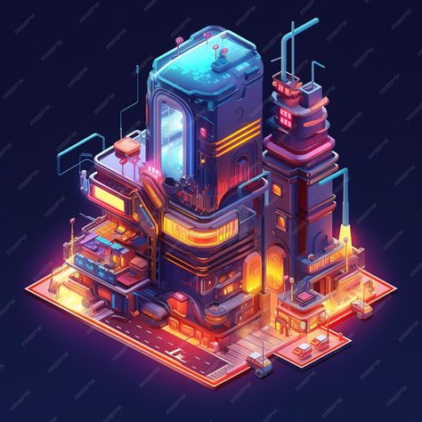 Premium AI Image | Isometric futuristic building with neon colorful lights Technological cyber neon lights building Futuristic Isometric, Fairy Architecture, Cyberpunk Model, Isometric Island, Cyberpunk House, Cyberpunk Building, Cartoon Ideas, Sci Fi Building, Concept Vehicles Sci Fi