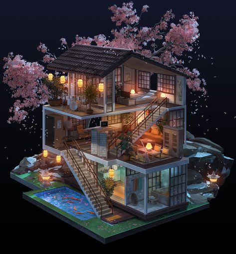 "Sakura blossom house" by Olga Orlova Blossom House, Building Inspiration, Sims 4 House Design, Casas The Sims 4, Sims House Plans, Isometric Art, Sims House Design, House Illustration, Fantasy House