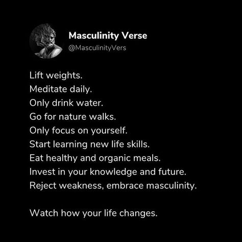 Masculinity | Self Improvement | Greatness on Instagram: "🦍 - If you want your daily dose of masculinity Follow Us @masculinityverse 🦍 - Follow @masculinityverse For More Content 🧬 Follow @masculinityverse For More Content 🧬 Follow @masculinityverse For More Content 🧬 - 📌 Save the post for later. 💬 Comment yours thoughts. - #divinemasculine #manosphere #manhood #takecontrolofyourlife #stoicism #masculinitymastered #manliness #rationalmale #mensissues#positivemasculinity #menhelpingmen #da Mens Self Improvement, Masculine Tips, Masculine Quotes, Man Tips, Billionaire Motivation, Action Board, Man Up Quotes, Masculine Energy, Its A Mans World