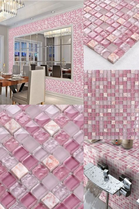 Cute Home Ideas, Unique Bathroom Ideas, Pink Kitchen Walls, Stone Mosaic Wall, Pink Bathroom Decor, Pink Home Decor, Cute Bedroom Decor, Pink Bathroom, Pink Kitchen