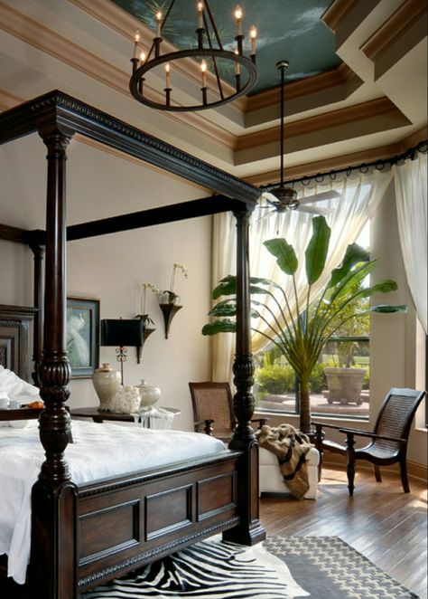 My Master has many similar features to this one...Poster Bed...Accent Colored Ceiling...Banana Tree...Zebra Rug...Pair of Chairs... British Colonial Bedroom, Colonial Bedroom, Zebra Rug, British Colonial Decor, Colonial Interior, Tropical Bedrooms, Colonial Design, British Colonial Style, Four Poster Bed