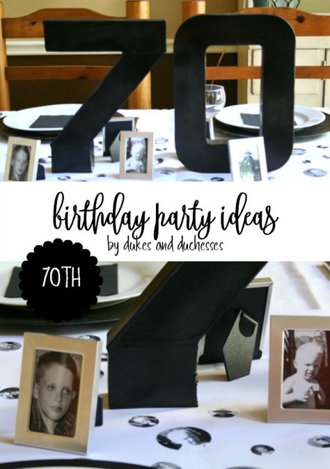 easy 70th birthday party ideas, including a number centerpiece and photo confetti Older Man Birthday Party Ideas, Mens 70th Birthday Centerpieces, How To Decorate For A 70th Birthday Party, 70 Surprise Birthday Ideas, 70th Bday Party Decorations, 70 Male Birthday Party Ideas, Milestone Birthday Party Centerpieces, 75th Birthday Party Centerpieces, 75th Birthday Table Centerpieces