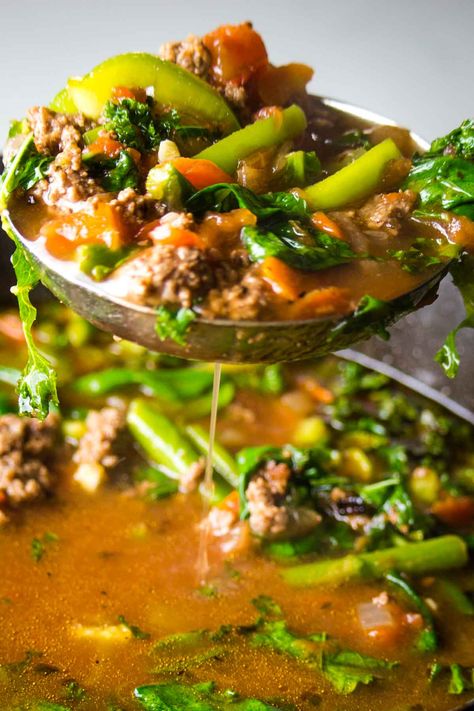 Beef Spinach Soup, Savory Fall Soups, Beef And Kale Soup, Ground Beef Kale Soup, Clean Eating Soups And Stews, Hamburger Spinach Soup, Ground Beef Soups, Ground Beef Vegetable Soup Recipe, Ground Beef Vegetable Soup