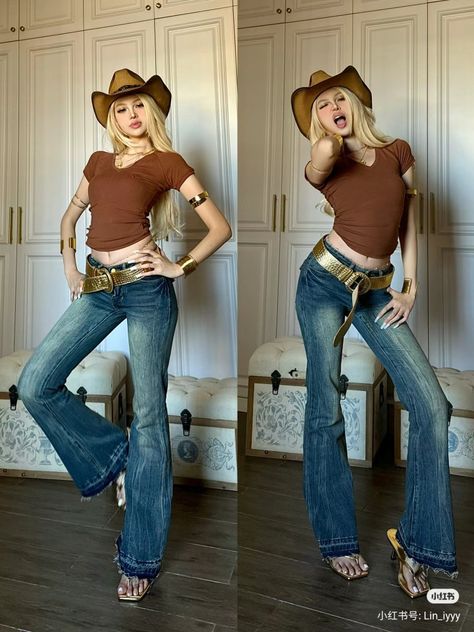 2000s Western Fashion, Bratz Outfit Aesthetic, Coyote Ugly Outfit Style, Coyote Ugly Outfit Ideas, Red Cowgirl Outfit, Coyote Ugly Outfit, 2000s Cowgirl, New Era Outfit, Geek Chic Outfits