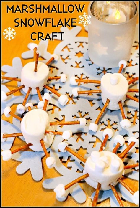 Marshmallow Snowflake Craft -Snow Day Fun! Snowflake Snacks For Preschool, January Learning Activities For Kids, Winter Preschool Snack Ideas, Weather Cooking Activities Preschool, Marshmallow Crafts Preschool, Weather Themed Snacks, Prek Cooking Activities, Cooking Activities For Preschoolers, Marshmallow Snowflake