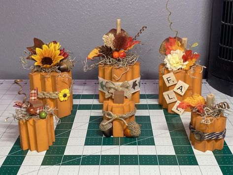 💲Dollar Tree Fanatics Crafts & Decor💲 | Just finished these adorable Jenga block pumpkins and am obsessed with them | Facebook Pumpkins From Jenga Blocks, Jenga Pumpkins, Dollar Store Jenga Block Crafts, Jenga Block Pumpkins, Jenga Block Crafts, Dollar Store Diy Decorations, Block Pumpkins, Jenga Blocks, Dollar Tree Fall