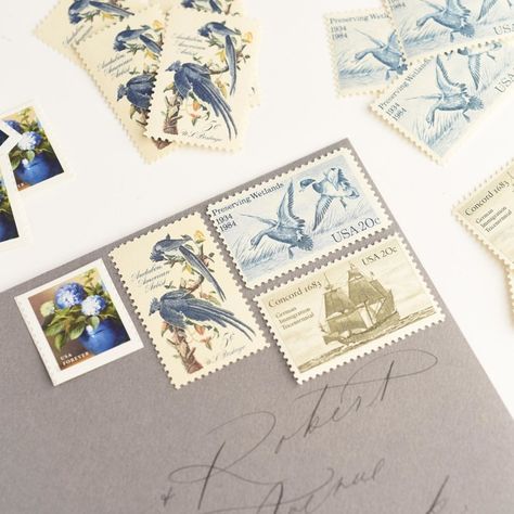 Blue and Neutral Preserving Wetlands Postage Set // Set of 5 // $1.18 in postage Postage Stamps by Rebecca Warnock | Minted Art Transportation, Calligraphy Envelope, Forever Stamps, Brown Bird, History People, 5 Cents, Vintage Postage, Special Cards, Blue Hydrangea