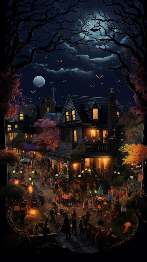 Halloween party in the neighbourhood🕸️🍂 halloween #spooky #horror #spookyseason #october #happyhalloween #art #pumpkin #trickortreat #fall #halloweendecor #scary #autumn #horrormovies #halloweenparty #halloweenparty #halloweenwallpaper #halloweenbackground Halloween Town Wallpaper, Halloween Town Aesthetic, Party City Halloween, Town Drawing, Autumn Adventures, Halloween City, Phone Customization, Art Pumpkin, Night Illustration