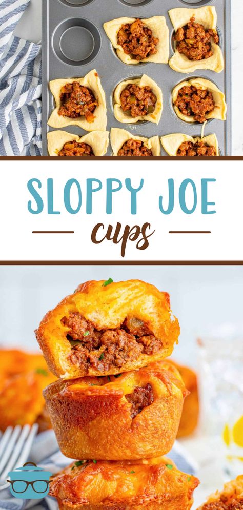 These Sloppy Joe Cups are a fun, flavorful and easy weeknight dinner recipe! They are made with a simple homemade sloppy joe filling, crescent dough and of course, cheese! Sloppy Joe Crescent Cups, Sloppy Joe Croissants, Sloppy Joe Crescent Ring, Sloppy Joe Crescent Rolls, Quick Potluck Recipes, Sloppy Joe Cups, Simple Weeknight Dinners, Budget Dinners, Family Dinner Night