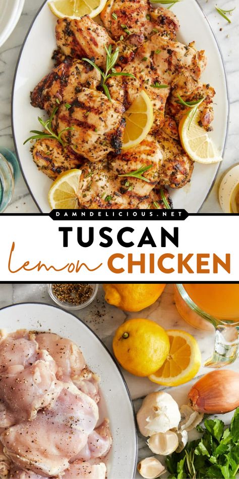 A summer grilling idea featuring Tuscan lemon chicken thighs! Thanks to a lemon garlic herb marinade, this grilled Tuscan chicken is tender and juicy with so much flavor. Perfect on your Memorial Day party food and Father's Day dinner menu! Tuscan Lemon Chicken, Olive Oil Marinade, Lemon Chicken Thighs, Lemon Chicken Recipe, Spring Dinner, Tuscan Chicken, Mediterranean Diet Recipes, Chicken Dishes Recipes, Spring Recipes