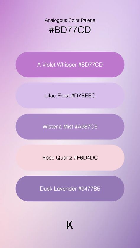 Analogous Color Palette A Violet Whisper #BD77CD · Lilac Frost #D7BEEC · Wisteria Mist #A987C6 · Rose Quartz #F6D4DC · Dusk Lavender #9477B5 Wisteria Color Palette, Color Palette Purple Colour Combinations, Purple Colour Combinations, Lavender Pallet, Analogous Color Palette, Analogous Color, Purple Color Combinations, Color Design Inspiration, Aesthetic Color