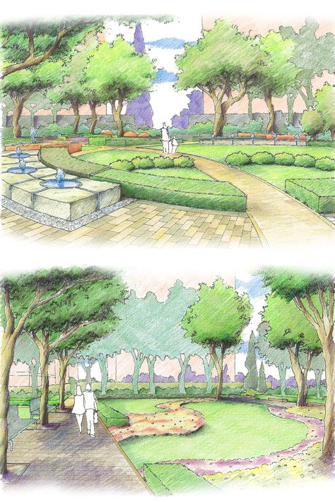 Landscape Design Perspective, Landscape Design Drawings Sketches, Garden Landscape Drawing, Perspective Drawing Landscape, Landscape Architecture Design Sketch, Backyard Drawing, Garden Design Sketch, Park Sketch, Perspective Landscape