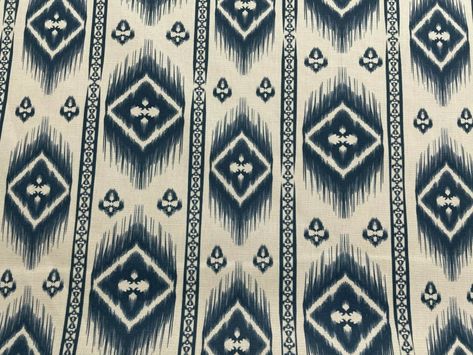 Mayan Ikat  Fabric Stripe Indigo Blue Ivory Cotton Curtain Blind Upholstery  | eBay Ivory Background, Cotton Curtains, Ikat Fabric, Blue Ivory, Indigo Blue, Curtains With Blinds, Stripes Design, Fabric Crafts, Batik