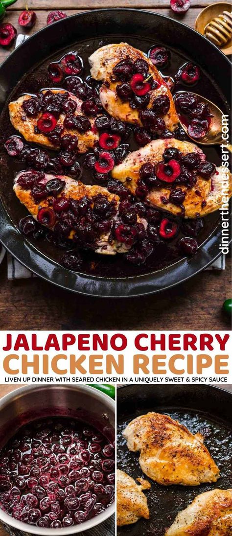 Jalapeno Cherry Chicken is sweet and spicy. It's easy seared chicken with jalapenos, cherry, honey, orange juice, and brown sugar sauce. Cherry Blossom Chicken Recipes, Chicken And Cherries Recipe, Cherry Sauce For Chicken, Chicken With Jalapenos, Cherry Chicken Recipe, Cherry Recipes Canning, Cherry Chicken, Cherry Sauce Recipe, Fresh Cherry Recipes