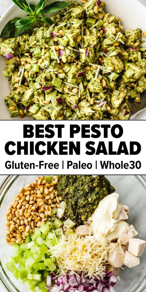 Basil pesto chicken salad Whole 30 Basil Recipes, Healthy Pesto Salad, Basil Pesto Chicken Salad, Pesto Chicken Salad Wrap, Chicken Pesto Salad Recipes, Pesto Bowl Recipe, Whole30 Salad Recipes, Pesto Dinner Recipes Healthy, Summer Pesto Recipes