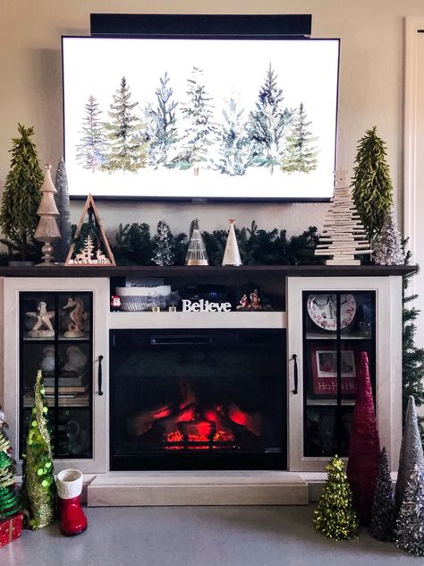 Electric Fireplace Tv Stand Christmas Decor Ideas, Fireplace Cabinet Decor, Christmas Decor Around Tv, Electric Fireplace Christmas, Electric Fireplace Cabinet, Tv Stand Christmas Decor, Cozy Christmas Fireplace, Fireplace Cabinet, Tv Stand Decor Ideas