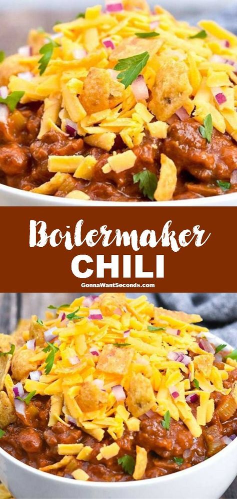 Boilermaker Chili Recipe, Paula Deen Chili Recipe, Boilermaker Chili, Sausage Beans, Party Meals, Green Chili Stew, Steak Chili, Chili Cookoff, Slow Cooker Chili Recipe