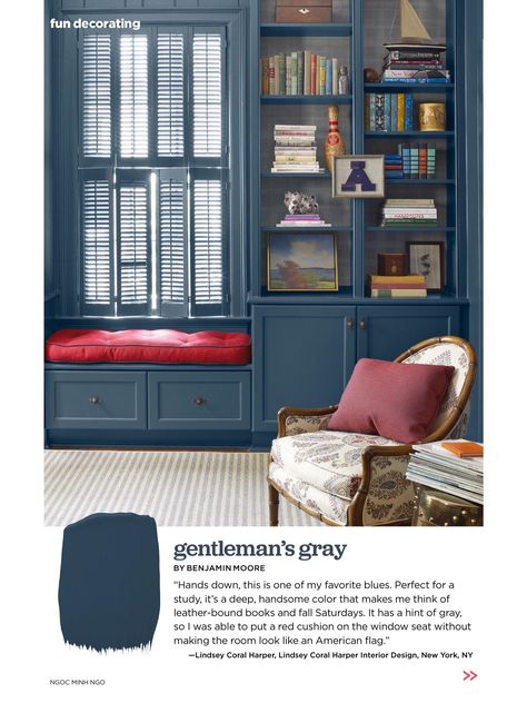 Benjamin Moore Gentleman's Gray navy paint color Zigarren Lounges, Blue Library, Library Wall, Studio Living, Home Libraries, Built In Bookcase, Home Library, Room Paint, Window Seat