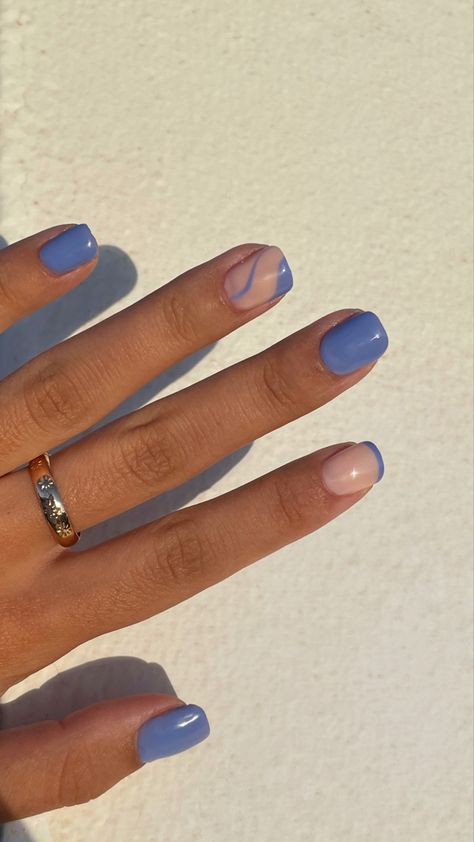 Short Nail Designs Boho, Blue Nail Designs Natural Nails, Beach Nails Square Short, Blue Natural Nail Designs, Blue Short Summer Nails, Nail Ideas Short Nails Summer, Short Nails For The Beach, Shirt Blue Nails, Nail Ideas For Natural Short Nails