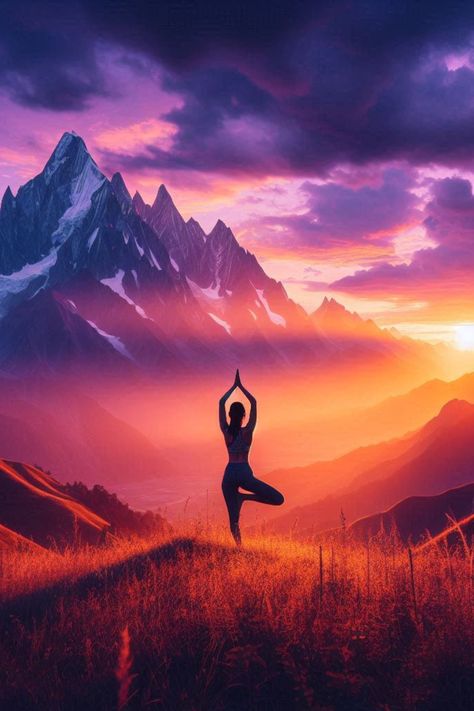 Escape to the mountains with yoga! This AI-created artwork captures the serene beauty of a woman in Tree pose against a breathtaking sunset backdrop. Perfect for relaxation and inspiration. Yoga Mountain, Pose Silhouette, Yoga Tree Pose, Sunset Backdrop, Yoga Tree, Floral Wallpaper Phone, Tree Pose, Life Force Energy, To The Mountains