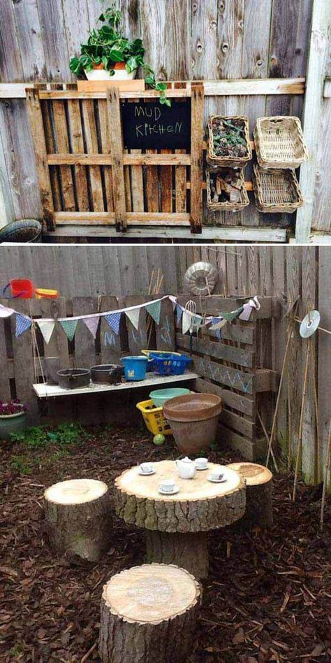 Cool Ways to Transform Your Backyard Into a Cool and Fun Kids Playground (2) Mud Kitchen Ideas, Outdoor Playscapes, Outdoor Play Space, Outdoor Play Spaces, Kids Mud, Play Garden, Outdoor Play Areas, Tree Stumps, Kids Outdoor Play