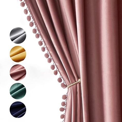 Blush Velvet Curtains, Blush Pink Curtains, Burnt Orange Curtains, Pink Blackout Curtains, Orange Curtains, Dry Rose, Cute Curtains, Pink Pom Pom, Curtain Room