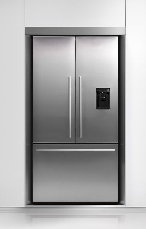 Fisher Paykel Designed To Match Stainless Refrigerator (I've never pinned a fridge before, but this is sexy) Modern Kitchen Fridge, Home Appliances Design, Kitchen Fridge Ideas, Fridge Surround, Refrigerator Design, Modern Fridge, Stainless Fridge, Double Fridge, Big Fridge