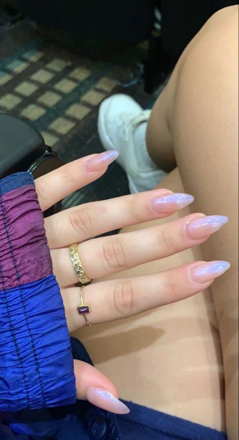 Sheer Blue Nails, Irridescent Nails, Periwinkle Nails, Iridescent Nails, Acrylic Nails Almond Shape, Mermaid Nails, Almond Acrylic Nails, Almond Shaped, Hair Skin Nails