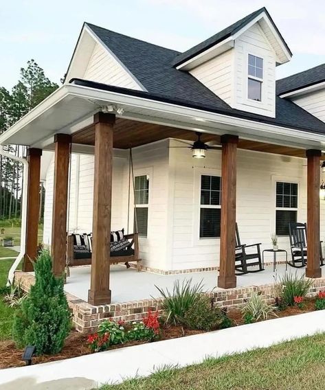 Barndominium and Farmhouse Gallery | Describe this home with one word | Facebook Colonial Front Porch Ideas, Prefab Granite Countertops, Porch Beams, Barn Exterior, Farmers Porch, Exterior Finishes, Ranch House Exterior, Cottage Decorating, House Front Porch