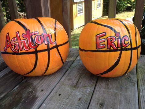 I painted these basketball pumpkins for two little sports fans:-) Basketball Pumpkin, Basketball Painting, Fall Festival Games, Basketball Dunk, Halloween Pumpkin Crafts, Sports Banquet, Pumkin Carving, Basketball Tricks, Creative Pumpkin Carving