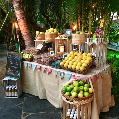 Tropical wedding farm table fruit stand favors homemade goodies from hawaii Fruit Stand Aesthetic, Wedding Farm Table, Wedding Farm, Homemade Goodies, Fruit Stand, Fruit Stands, Farm Stand, School Party, Lemonade Stand