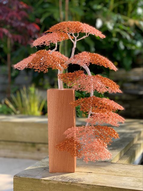 CM462. Cascading wire tree sculpture with copper canopy mounted on a Sapele wood base. 400mm tall Tree Sculpture Art, Copper Wire Tree Diy, Wire Tree Form, Cascade Bonsai, Large Wire Tree Sculpture, Nature Clock, Copper Wire Bonsai Tree, Sapele Wood, Paper Cut Artists