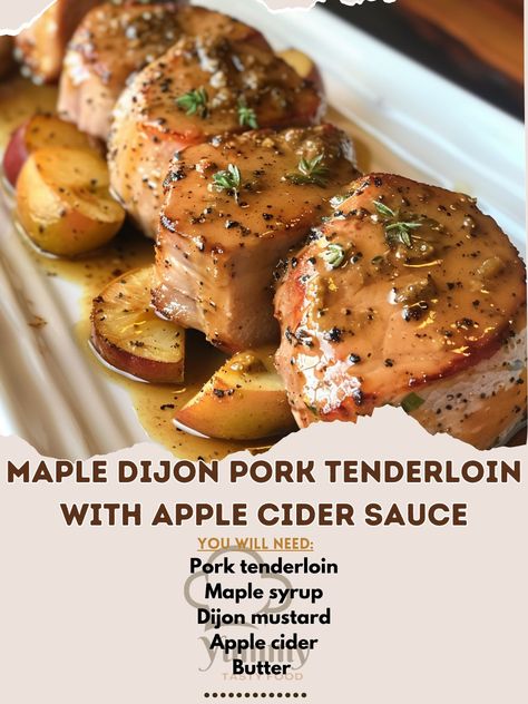 🍁🍎 Savor the flavors of fall with Maple Dijon Pork Tenderloin and Apple Cider Sauce! 🍁🍎 #FallFlavors #GourmetDinner Maple Dijon Pork Tenderloin with Apple Cider Sauce Ingredients: Pork tenderloin (1 lb) Maple syrup (1/4 cup) Dijon mustard (2 tbsp) Apple cider (1 cup) Butter (2 tbsp) Salt and pepper to taste Instructions: Preheat oven to 375°F (190°C). Mix maple syrup and Dijon mustard; brush over pork tenderloin. Bake for 25-30 minutes until cooked through. In a saucepan, melt butter, add... Maple Dijon Pork Tenderloin With Apple Cider Sauce, Pork And Apple Cider Recipes, Maple Dijon Pork Tenderloin, Apple Cider Reduction Sauce, Dijon Pork Tenderloin, Apple Cider Sauce, Apple Pork Tenderloin, Pork Sauce, Apple Cider Recipe