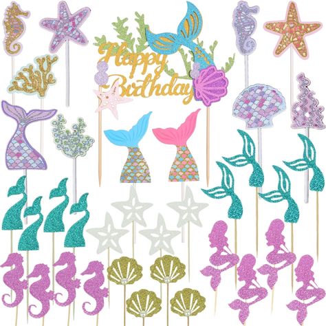 PRICES MAY VARY. The Sea Party Decorations Supplies: Ocean birthday party supplies includes 1 Big Mermaid Birthday Cake Topper, 35 Mermaid Tail, starfish, seahorse, seashell, seaweed Cupcake Toppers. Mermaid Cake Decorations: Mermaid Cake Topper consists of mermaid tail, starfish, shell, "Happy Birthday" monogram and other decorative ornaments. Ocean Birthday Party Supplies: Little mermaid happy birthday cake toppers size approx. 4.72 x 5.9 inches (12 x 15 cm), sea creature cupcake toppers size Little Mermaid Cupcakes, Mermaid Tail Cake, Mermaid Happy Birthday, Cake Decoration Birthday, Mermaid Cupcake Toppers, Ocean Birthday Party, Little Mermaid Cakes, Mermaid Cupcakes, Mermaid Birthday Cakes