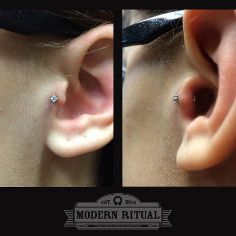 Healed and downsized #traguspiercing by Reba, featuring a 2mm princess cut CZ in titanium from @anatometalinc For a happy, healthy cartilage piercing, be sure to stop in for your downsize when the time comes to avoid potential issues in the healing process! #modernritual #bodypiercing #bodyjewelry #anatometal #princesscut #cz #implantgradetitanium #qualityjewelry #lookyourbest #feelyourbest #neohio #healedpiercing Tragus Piercing Healing Process, Piercing Healing, The Healing Process, Jewelry Boutique, Tragus Piercings, Cartilage Piercing, Happy Healthy, Healing Process, Tragus