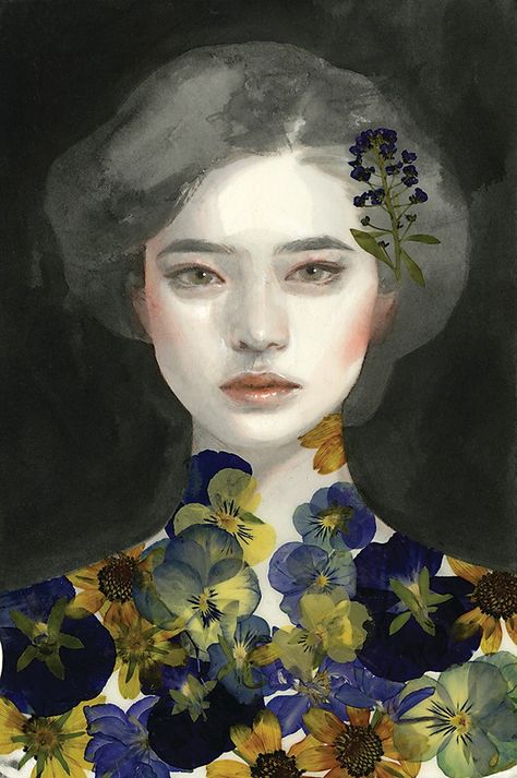 “Study No. 80, a portrait study of a woman for personal experimentation, is made with acrylic, colored pencil and pressed flowers on paper.&rdqu... Easy Pencil Drawing, Tran Nguyen, Ib Art, Barnett Newman, Amedeo Modigliani, Marc Chagall, Johannes Vermeer, Communication Art, Pierre Auguste Renoir