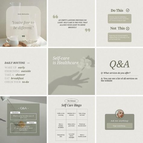 Elevate your Instagram presence with this comprehensive pack of 210 portrait and story templates, each accompanied by engaging content prompts. Included are 12 stunning highlight covers and 15 eye-catching carousel posts to further enhance your aesthetic. This collection boasts 70 unique templates across 3 sizes, featuring inspiring quotes and a soothing palette of gray and green pastels, guaranteed to captivate your audience.      .#CanvaTemplates #SocialMediaDesign #InstagramIdeas #PinterestTemplates #CreativeCanva Instagram Design Layout, Carousel Post, Charming Quotes, Types Of Social Media, Green Pastel, Fashion Templates, Health And Wellness Coach, Instagram Engagement, Instagram Highlight Covers