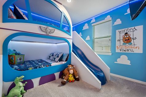 Ultimate Toy Story Room.  Buzz Lightyear bunkbed and slide.  Full size beds.  Woody, Buzz, Mr. Potatoes Head, Bullseye, Forky. Buzz Lightyear Room Ideas, Boys Disney Bedroom, Buzz Lightyear Bedroom, Kids Bedroom Designs Boys, Buzz Lightyear Bedroom Ideas, Disney Boy Room, Toy Room Ideas For Boys, Toy Story Themed Room, Toy Story Bed