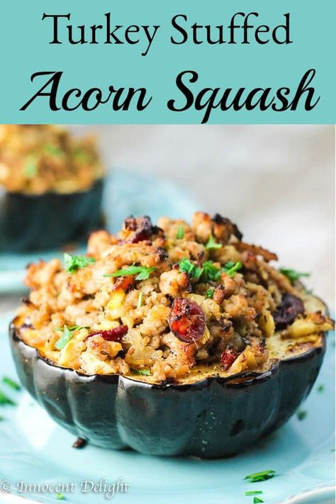 Turkey Stuffed Acorn Squash with Apples and Cranberries is a perfect fall dinner that uses seasonal ingredients and is very easy to make. #turkey #acornsquash #squash #fall #apples #easydinner #cranberries Acorn Squash With Apples, Stuffed Acorn Squash Recipes, Squash Recipes Healthy, Turkey Stuffed Acorn Squash, Acorn Squash Recipes Healthy, Eating European, Healthy Squash Recipes, Healthy Ground Turkey, Stuffed Acorn Squash