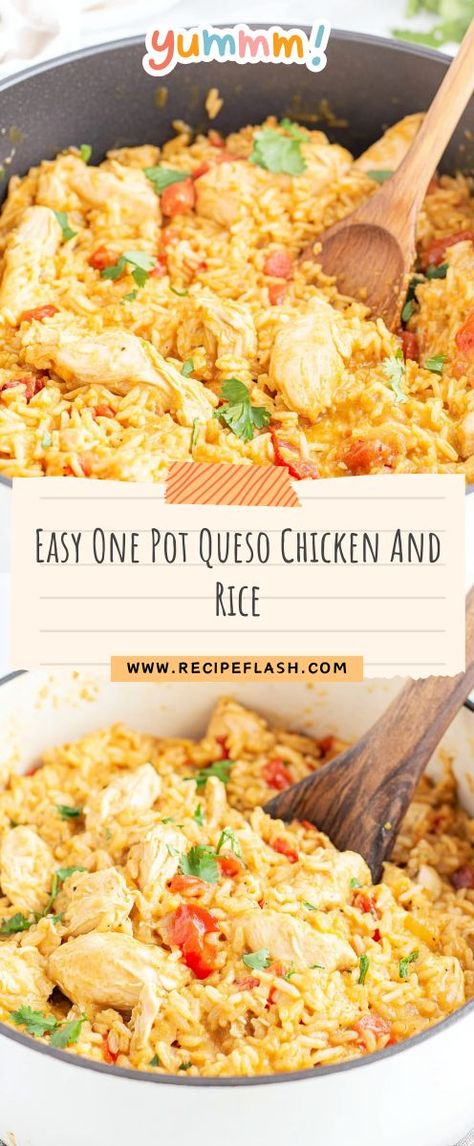 Craving a simple yet satisfying dinner? Our Easy One Pot Queso Chicken and Rice Recipe is the perfect solution for busy nights, packing in flavor with minimal cleanup. Make sure to pin this recipe for your go-to dinner ideas! One Pot Queso Chicken And Rice, Queso Rice, Cheesy Rice, Nacho Cheese Sauce, Queso Cheese, Chopped Tomatoes, Dessert Appetizers, One Pot, Satisfying Food