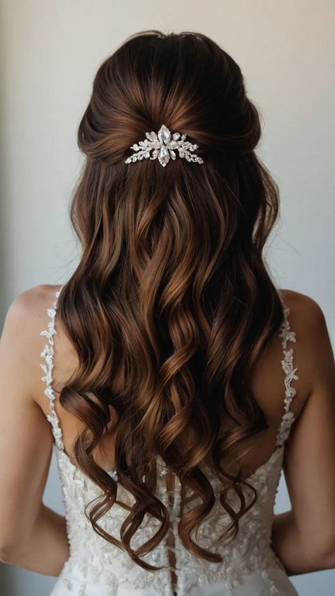 Wedding Hair Layers, Auburn Bridal Hair, Brunette Bridal Hair, Mountain View Wedding, Personal Wedding Ideas, Bride Hair And Makeup, Simple Bridal Hairstyle, Wedding Hair Brunette, Romantic Updos