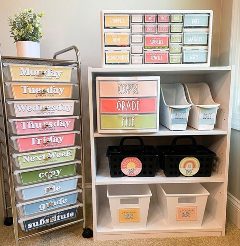 Classroom Office Organization, Cute Classroom Decor Middle School, Pinterest Classroom Ideas, Teacher Desk Kindergarten, Daycare Teacher Desk Ideas, Daycare Teacher Classroom Ideas, Organizing Classroom Ideas, 1st Grade Desk Organization, Teacher Classroom Inspiration