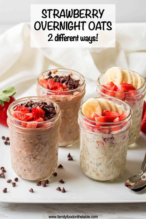 Strawberry overnight oats are an easy, healthy, make-ahead breakfast that you can try 2 ways -- as strawberry banana or strawberry chocolate! Overnight Oats Strawberry Banana, Chocolate Strawberry Overnight Oats, Strawberry Banana Overnight Oats, Oatmeal Jars Overnight, Oats Strawberry, Breakfast Strawberries, Mealprep Breakfast, Overnight Oats In A Jar, Strawberry Overnight Oats