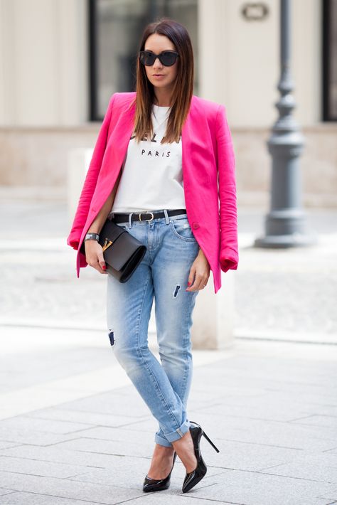 Hot Pink Blazer Outfit, Pink Blazer Outfit, Hot Pink Blazer, Hot Pink Outfit, Hot Pink Blazers, Blazer Outfits Casual, Asos Fashion, Stylish Blazer, Blazer Outfit